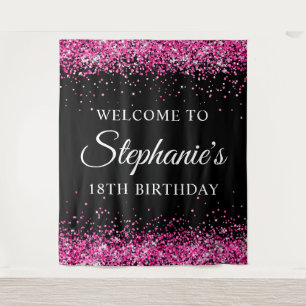 Hot Pink Glitter Black 18th Birthday Welcome Tapestry