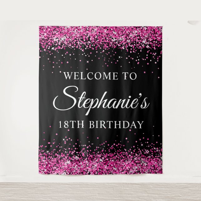 Hot Pink Glitter Black 18th Birthday Welcome Tapestry (Front)