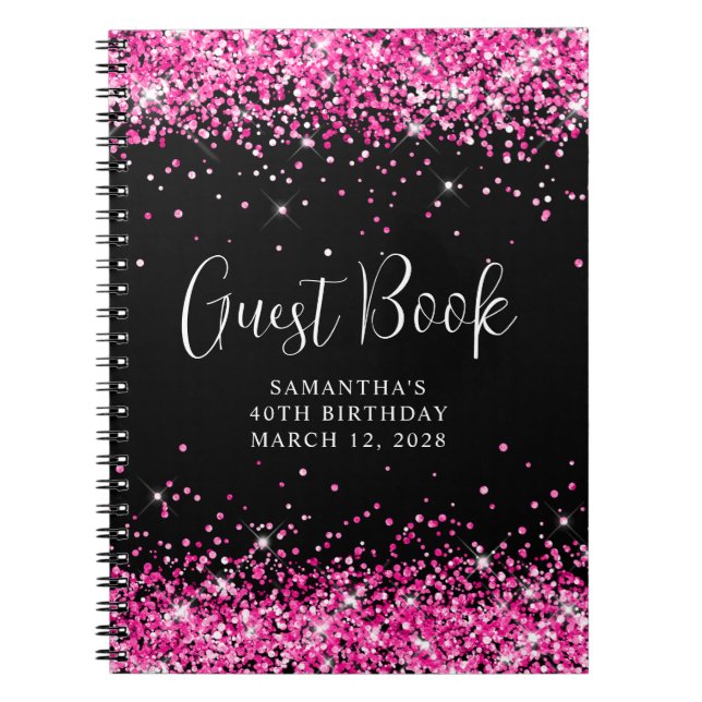 Hot Pink Glitter Black 40th Birthday Guest Notebook (Front)