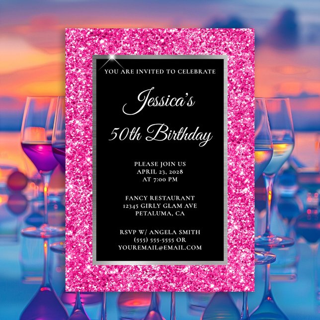 Hot Pink Glitter Black 50th Birthday Invitation (Hot Pink Glitter Silver and Black Any Year Birthday Invitation)