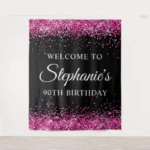 Hot Pink Glitter Black 90th Birthday Welcome Tapestry