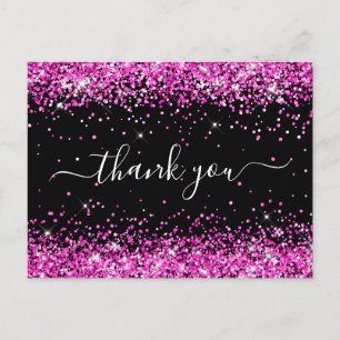Hot Pink Glitter Black Baby Shower Thank You Postcard
