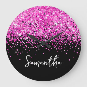 Hot Pink Glitter Black Script Name Large Clock