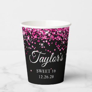 Hot Pink Glitter Black Sweet 16 Paper Cups
