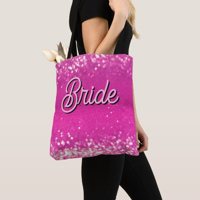 Hot Pink Glitter Bokeh Custom Personalised Text Tote Bag (Close Up)