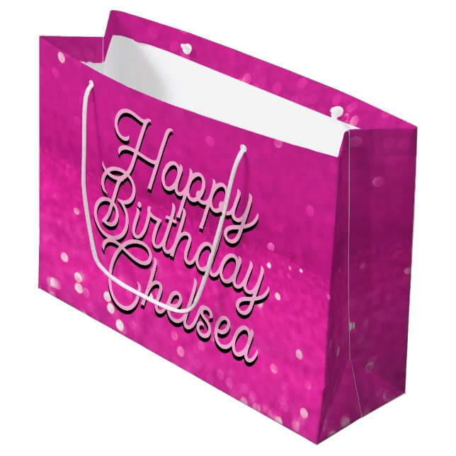 Hot Pink Glitter Bokeh Custom Text Large Gift Bag (Front Angled)