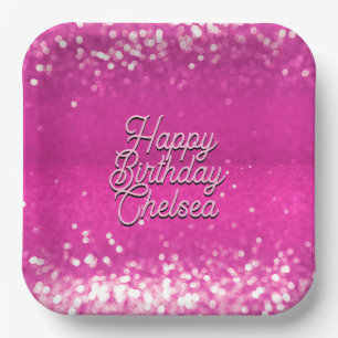 Hot Pink Glitter Bokeh Custom Text Paper Plate