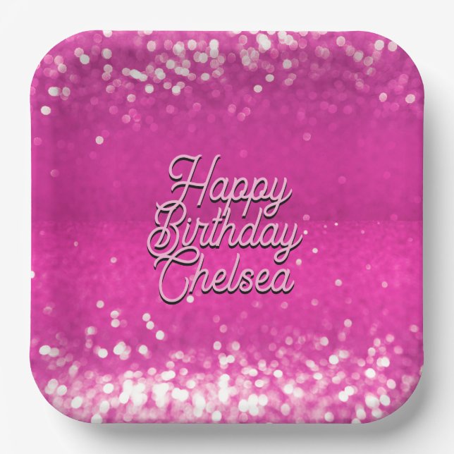 Hot Pink Glitter Bokeh Custom Text Paper Plate (Front)