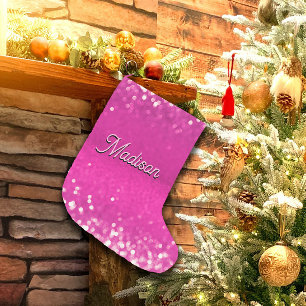 Hot Pink Glitter Bokeh Custom Text Small Christmas Stocking