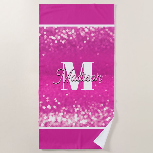Hot Pink Glitter Bokeh Monogram Beach Towel (Front)