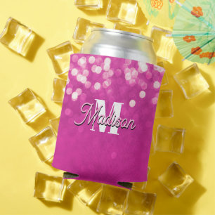 Hot Pink Glitter Bokeh Monogram Can Cooler