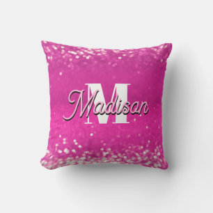 Hot Pink Glitter Bokeh Monogram Cushion