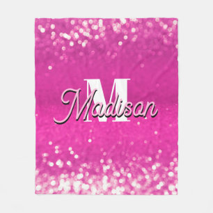 Hot Pink Glitter Bokeh Monogram Fleece Blanket