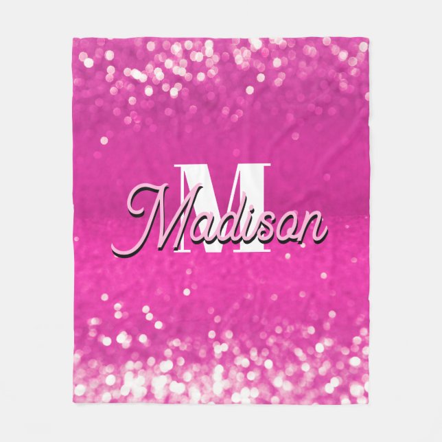 Hot Pink Glitter Bokeh Monogram Fleece Blanket (Front)