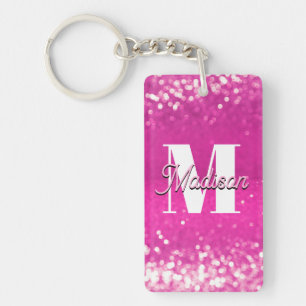 Hot Pink Glitter Bokeh Monogram Key Ring