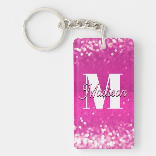Hot Pink Glitter Bokeh Monogram Key Ring (Front)
