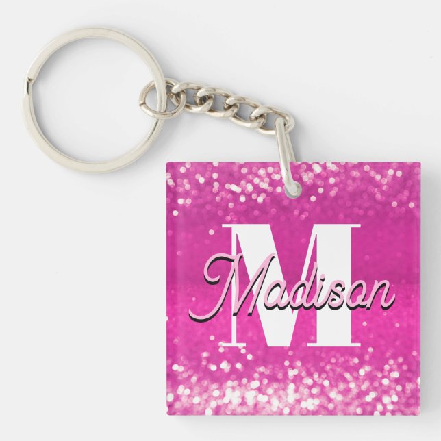 Hot Pink Glitter Bokeh Monogram Key Ring (Front)