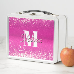 Hot Pink Glitter Bokeh Monogram Metal Lunch Box