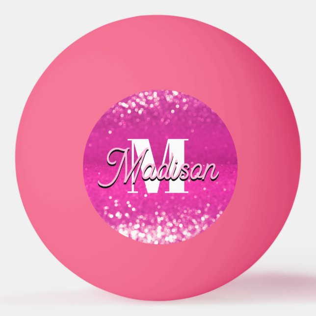 Hot Pink Glitter Bokeh Monogram Ping Pong Ball (Front)
