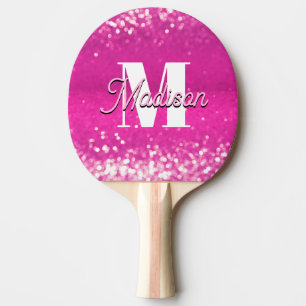 Hot Pink Glitter Bokeh Monogram Ping Pong Paddle