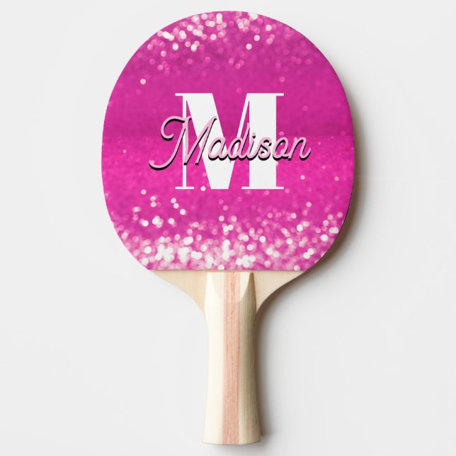 Hot Pink Glitter Bokeh Monogram Ping Pong Paddle (Front)