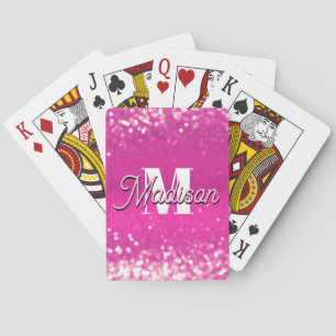 Hot Pink Glitter Bokeh Monogram Playing Cards