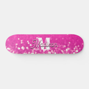 Hot Pink Glitter Bokeh Monogram Skateboard