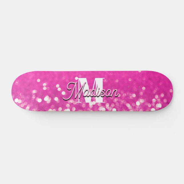 Hot Pink Glitter Bokeh Monogram Skateboard (Horz)