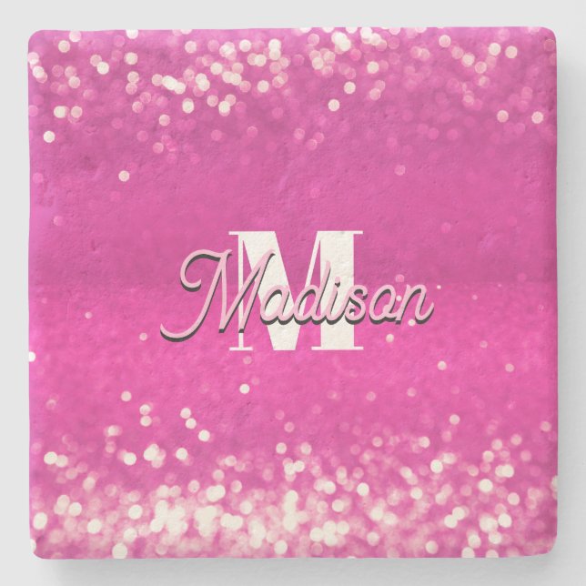 Hot Pink Glitter Bokeh Monogram Stone Coaster (Front)
