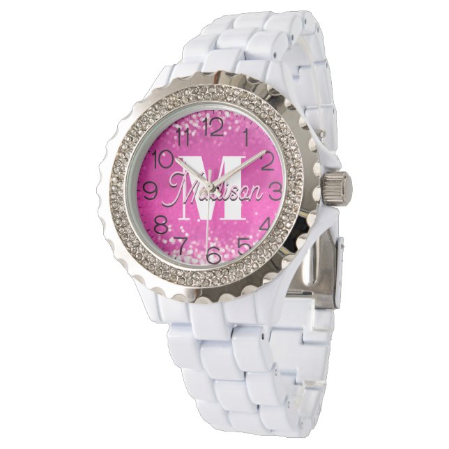 Hot Pink Glitter Bokeh Monogram Watch (Angled)