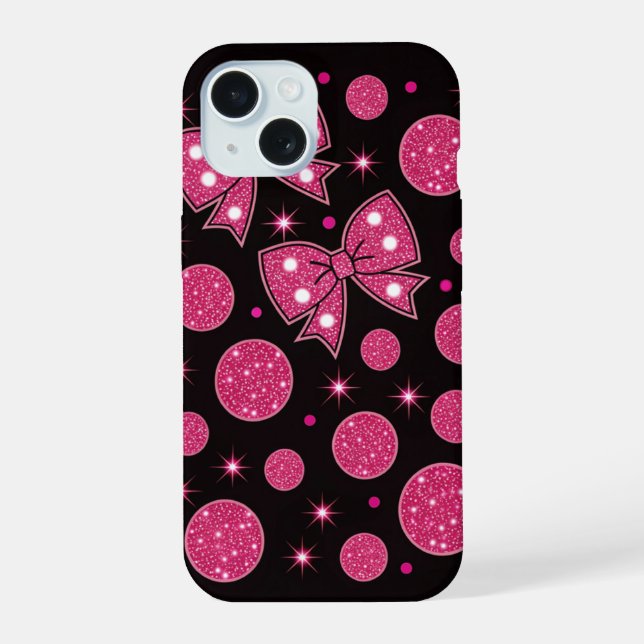 Hot Pink Glitter Bows & Polka Dots Chic  iPhone 15 Case (Back)