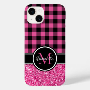Hot Pink Glitter Buffalo Plaid Monogram Case-Mate iPhone 14 Case