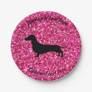 Hot Pink Glitter Dachshund Paper Party Plates