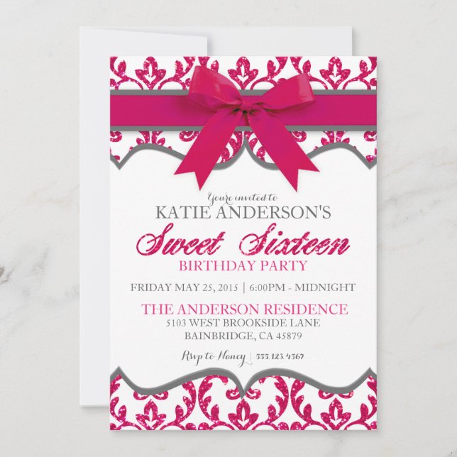 Hot Pink Glitter Damask Sweet Sixteen Invitation (Front)