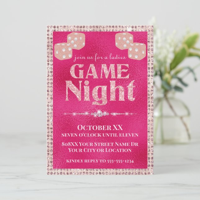 Hot Pink Glitter Dice Ladies Game Night Invitation (Standing Front)
