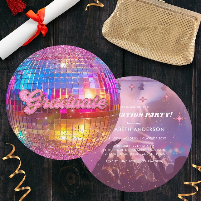 Hot Pink Glitter Disco Ball Party Graduation Invitation (Creator Uploaded)