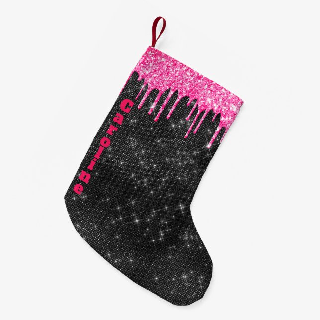 Hot Pink Glitter Drip Black Sparkle Custom Name Small Christmas Stocking (Front (Hanging))