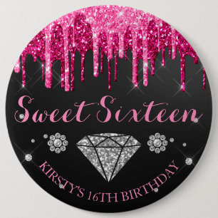 Hot Pink Glitter Drip Diamond Sweet Sixteen 6 Cm Round Badge