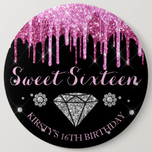 Hot Pink Glitter Drip Diamond Sweet Sixteen 6 Cm Round Badge
