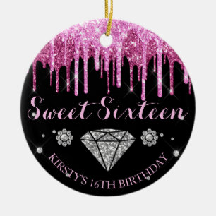 Hot Pink Glitter Drip Diamond Sweet Sixteen Ceramic Ornament