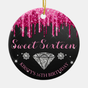 Hot Pink Glitter Drip Diamond Sweet Sixteen Ceramic Ornament