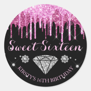 Hot Pink Glitter Drip Diamond Sweet Sixteen Classic Round Sticker
