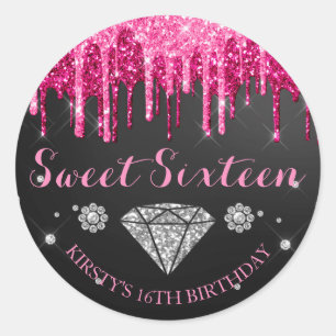Hot Pink Glitter Drip Diamond Sweet Sixteen Classic Round Sticker