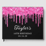 Hot Pink Glitter Drips Black 16th Birthday Guest Book<br><div class="desc">Create your own personalised any year or milestone birthday party guest book for her special event. Customise the font style, colour and drop shadow. Faux sparkly hot pink dripping glitter digital art graphic image over a customisable solid colour black background. The sparkle and glitter elements in this modern girly design...</div>