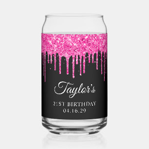 Hot Pink Glitter Drips Black 21st Birthday Can Glass