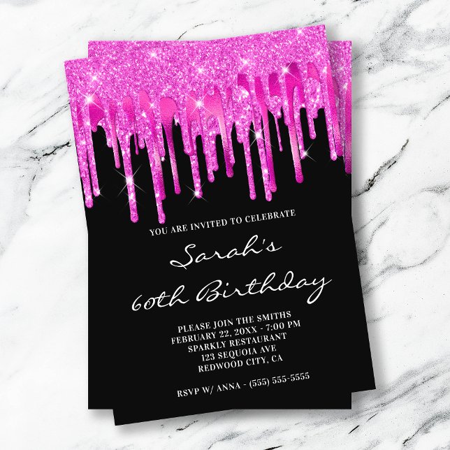 Hot Pink Glitter Foil Drips Black 60th Birthday Invitation (Creator Uploaded)