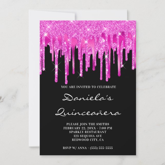 Hot Pink Glitter Foil Drips Black Quinceañera Invitation (Front)