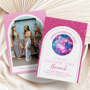 Hot Pink Glitter Galentine's Day Brunch Invitation