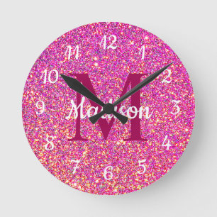 Hot Pink Glitter Girly Glam Monogram Name Round Clock