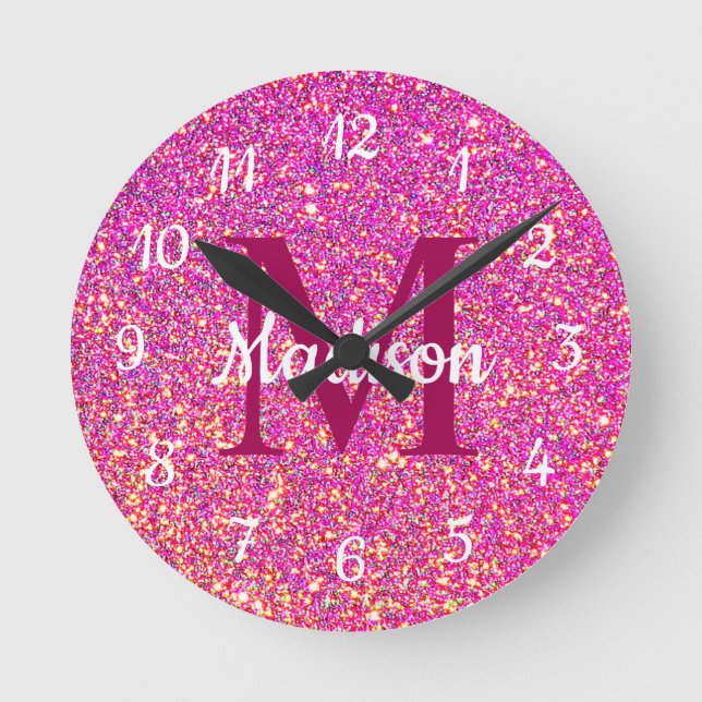 Hot Pink Glitter Girly Glam Monogram Name Round Clock (Front)